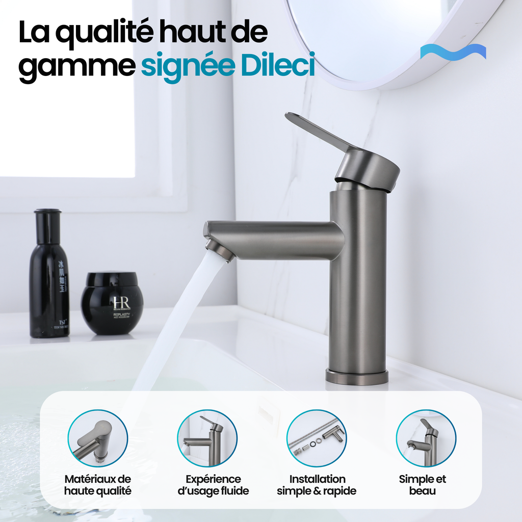 Robinet de lavabo de salle de bain gris métalisé, design compact, style moderne