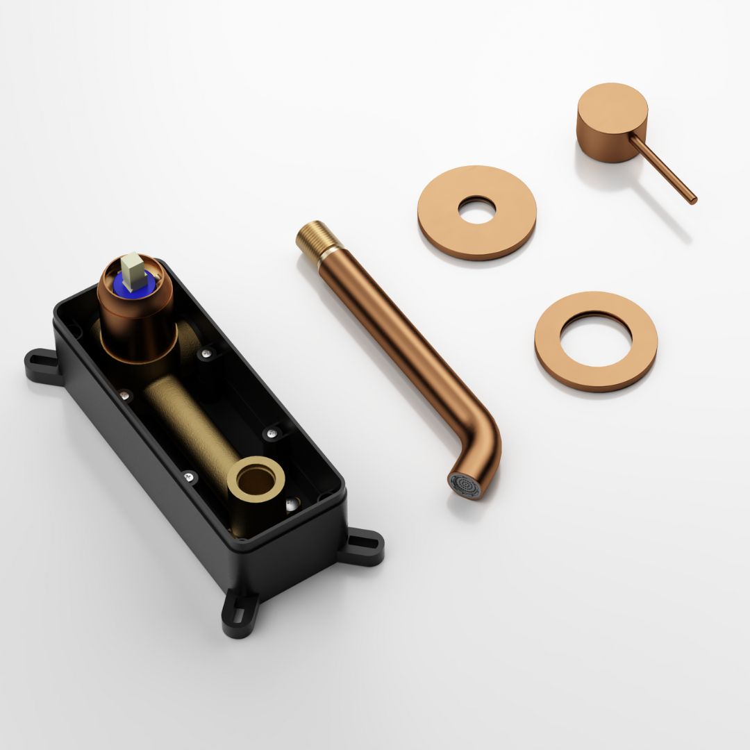 Robinet à bec encastré thermostatique couleur cuivre:  Components of a concealed thermostatic copper faucet, showing the body, spout, and control knobs.