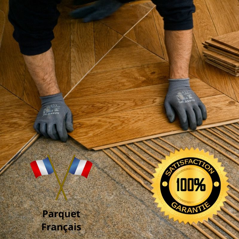 Installation parquet massif chêne français Point de Hongrie. Garantie 100% satisfaction.