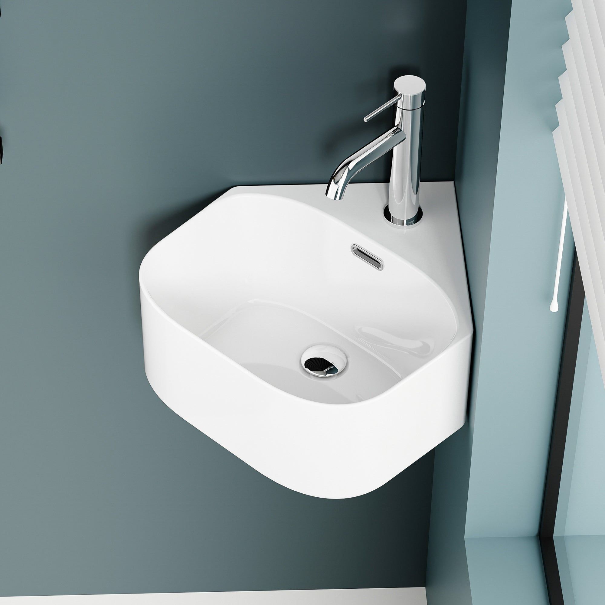 Vasque d'angle triangulaire blanc brillant, 43,5 cm, avec robinetterie chromée.