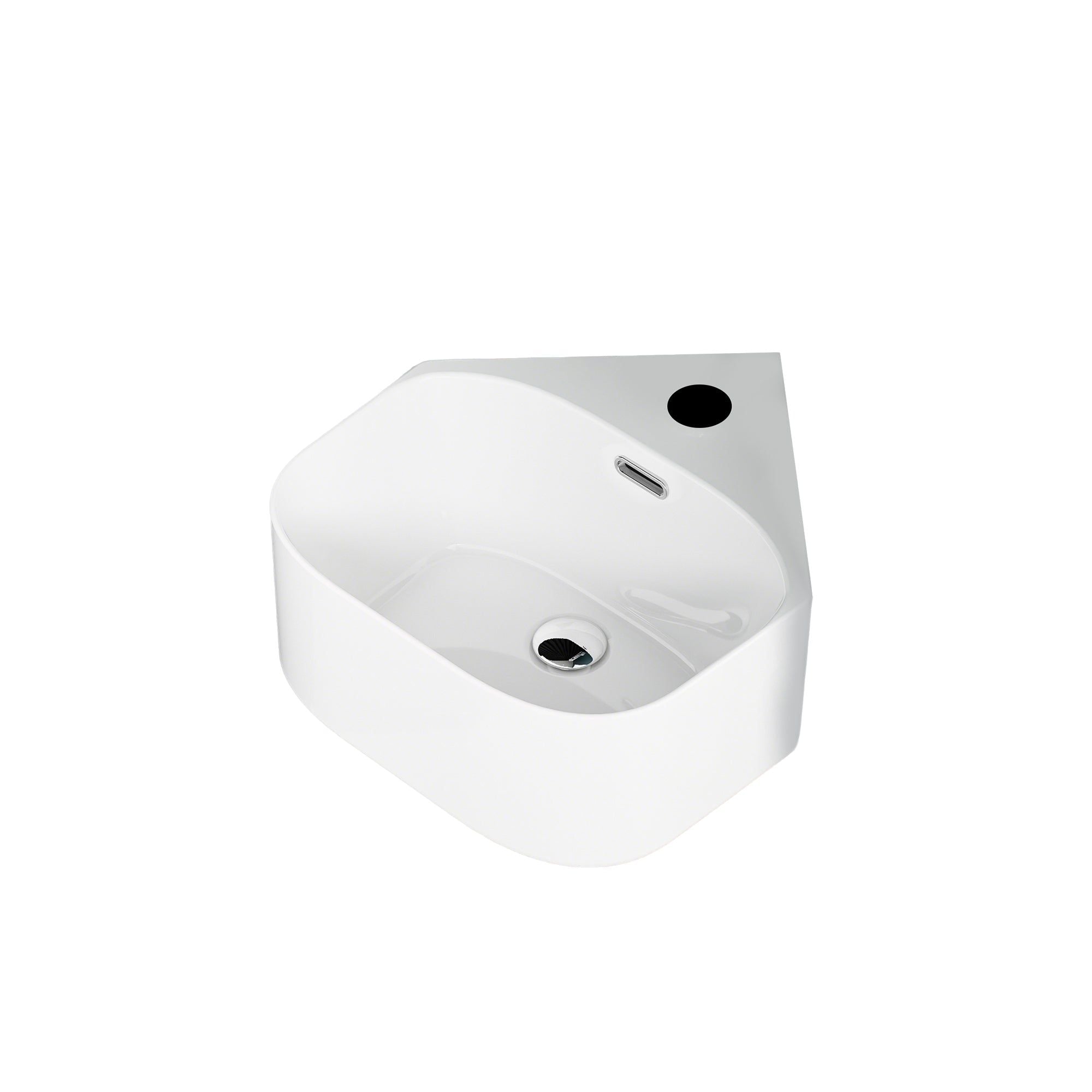 Lave-mains d'angle triangulaire blanc en céramique, 43,5 x 40 x 16,5 cm.