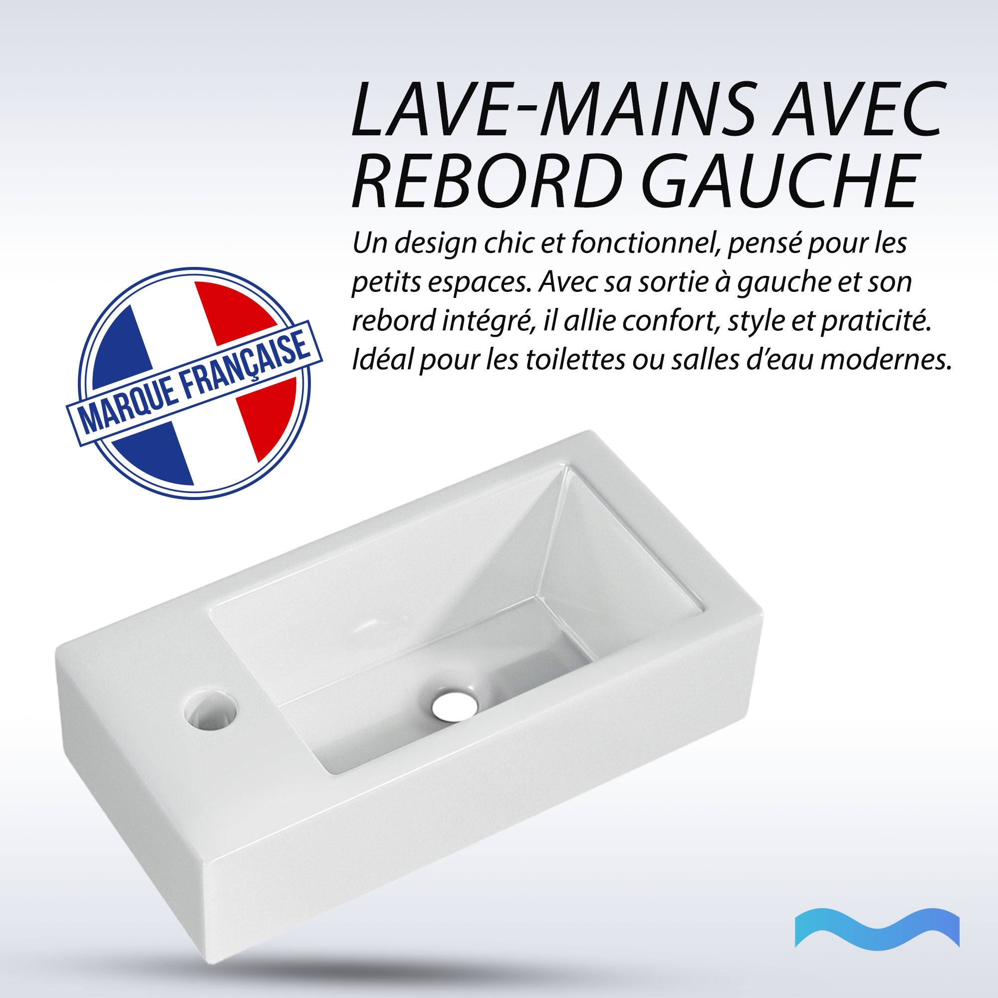 Vasque lave-mains sortie gauche (36,5x18x9cm): Moderne lavabo blanc avec rebord intégré et sortie d'eau à gauche, idéal pour petits espaces.