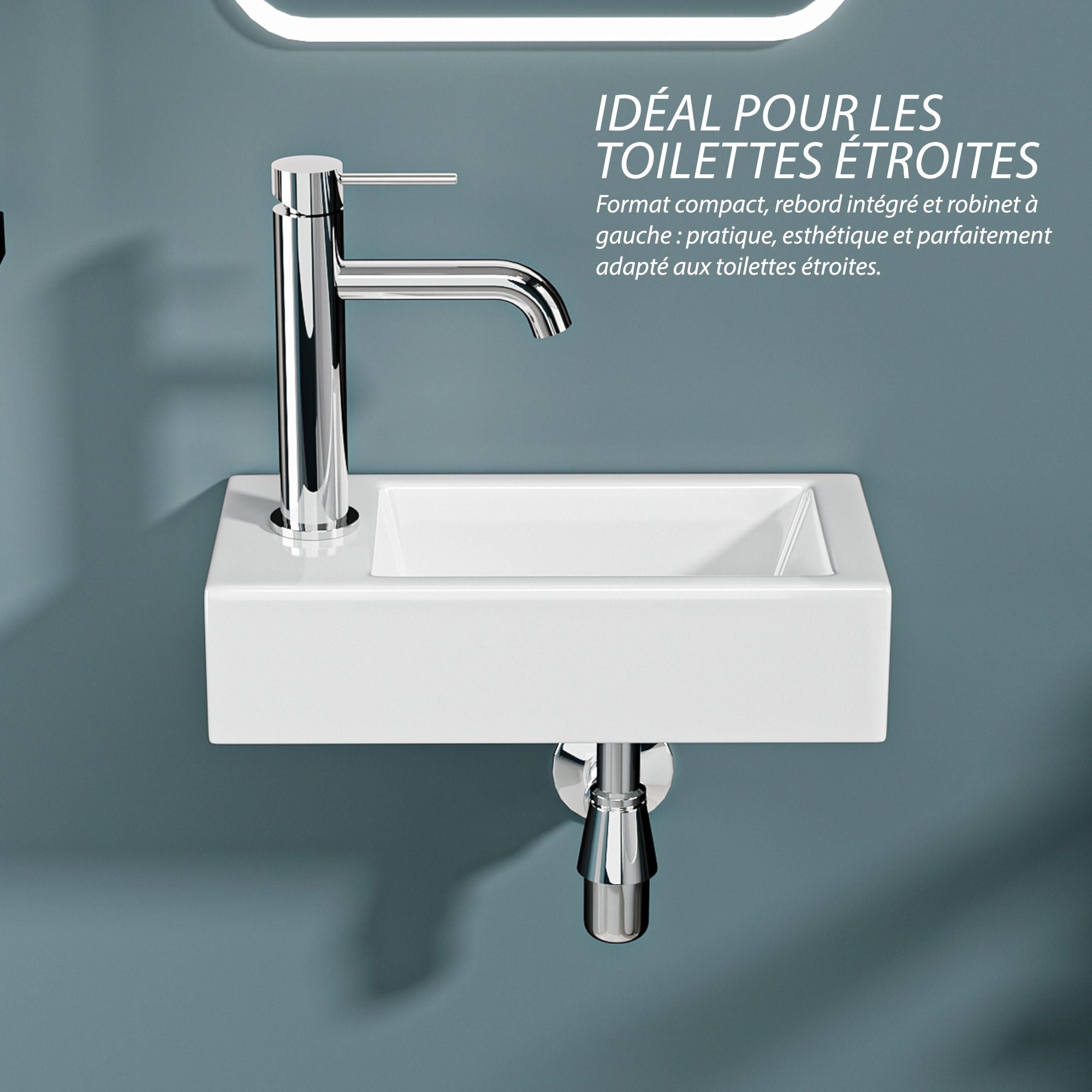 Lavabo mural compact (36,5x18x9cm) avec rebord intégré et robinet à gauche ; idéal pour les petites salles de bains.