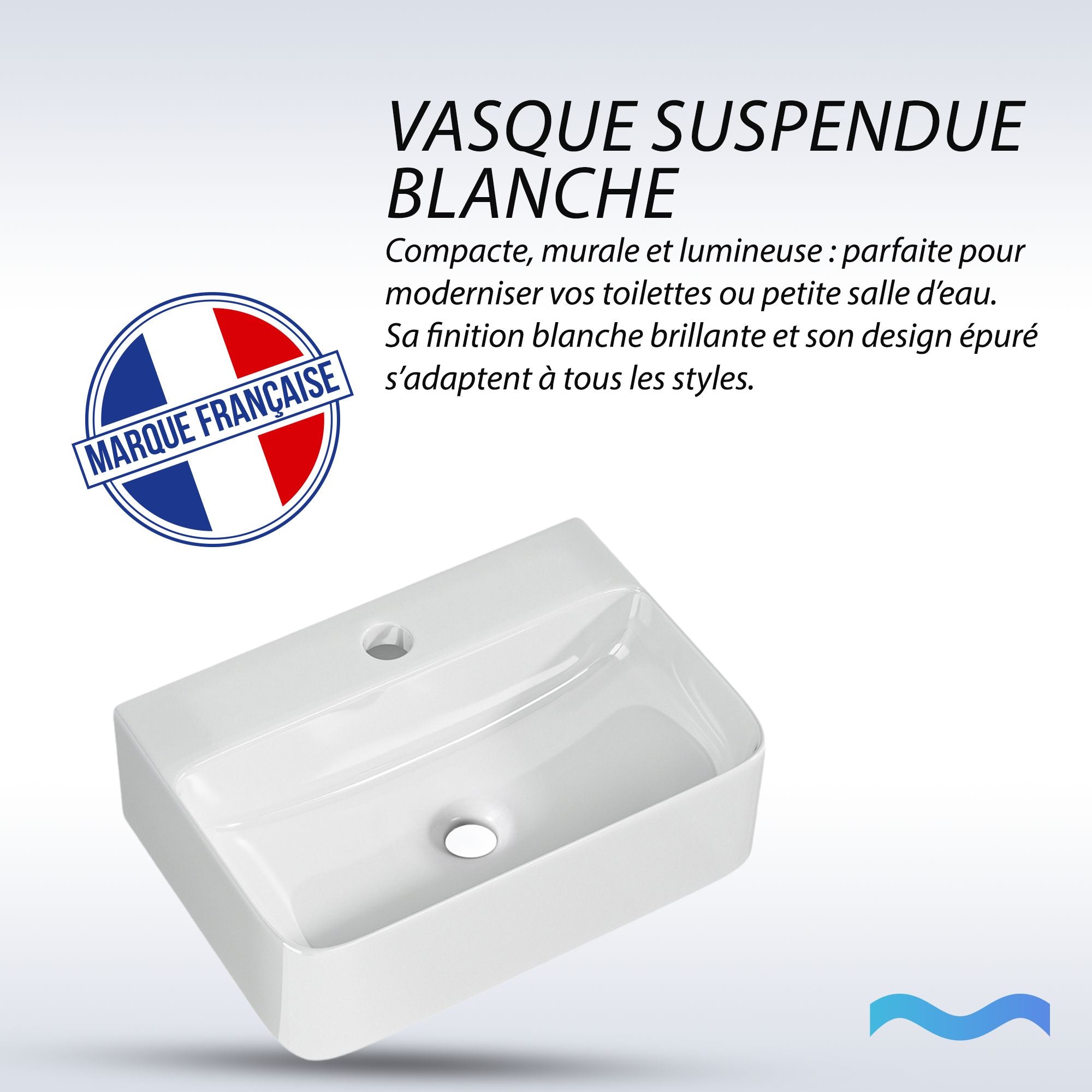 Vasque lave-mains suspendu blanc (36x25x11) : Lavabo de salle de bain mural blanc moderne au design épuré.