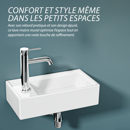 Lave-mains mural compact (41,5x22x10cm) : Lavabo blanc en céramique avec robinet chromé et rebord pratique, idéal pour petites salles de bain.