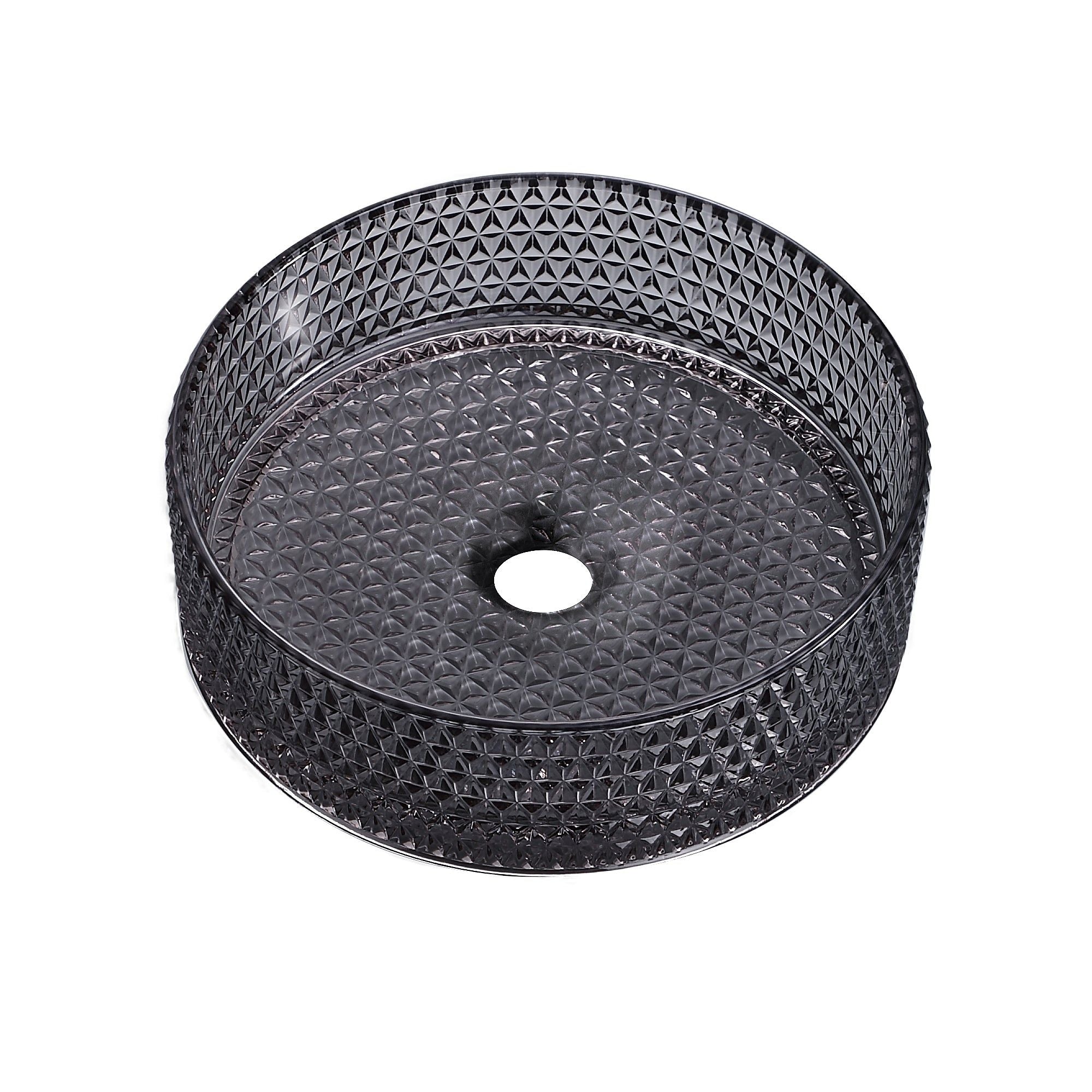 Vasque ronde en verre teinté noir (Ø 36 cm):  36cm diameter black glass vessel sink with an elegant geometric pattern, perfect for modern bathrooms.