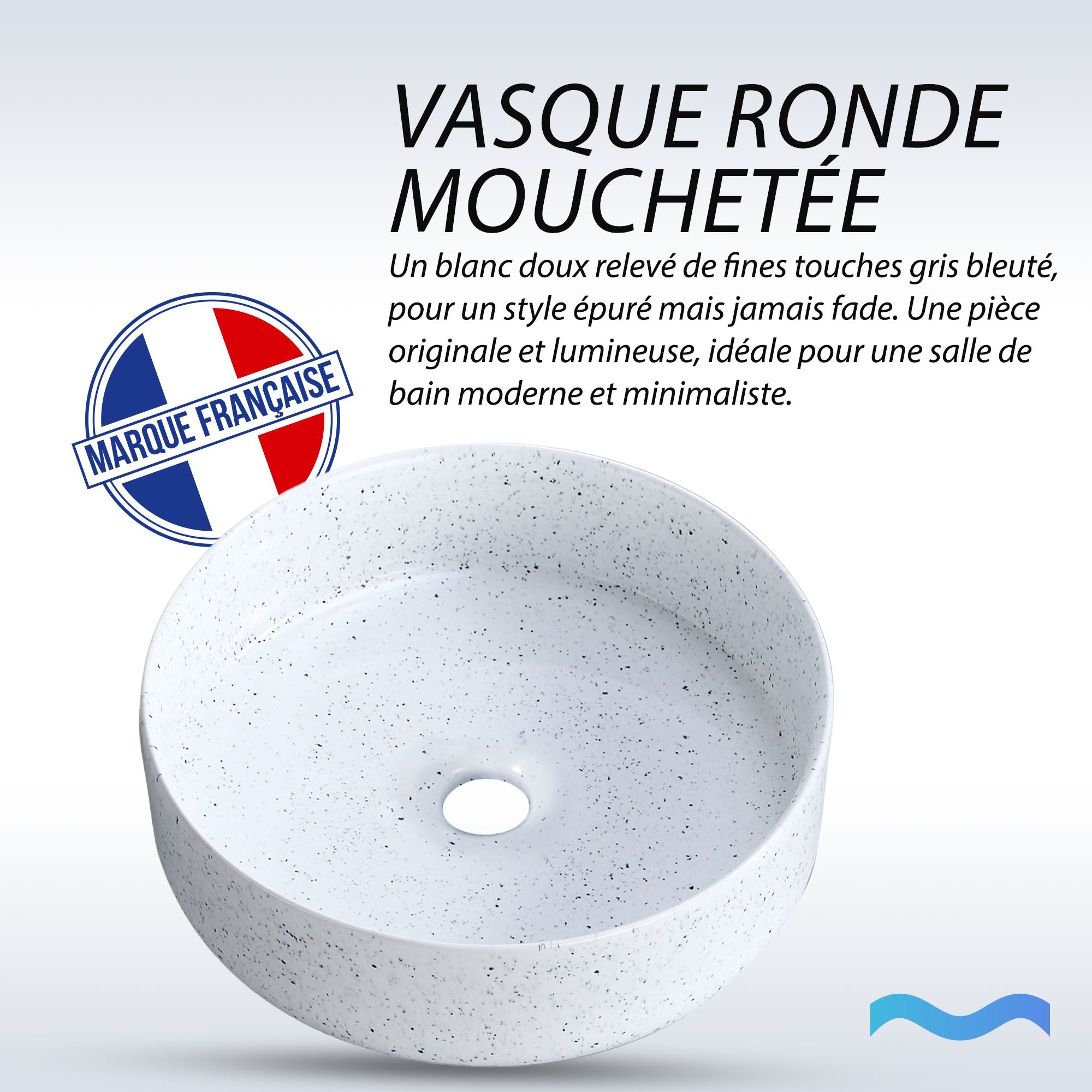 Vasque ronde blanche à petits points : vasque ronde en céramique blanche 36 x 36 cm au design moucheté. Vasque de salle de bain moderne et minimaliste.