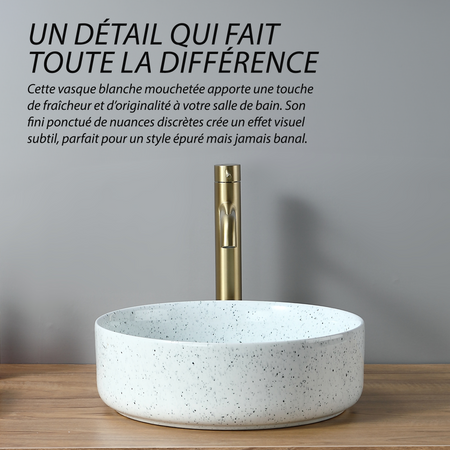 Vasque ronde blanche avec petits points: 36x36cm modern ceramic vessel sink with gold faucet.  Stylish bathroom sink.