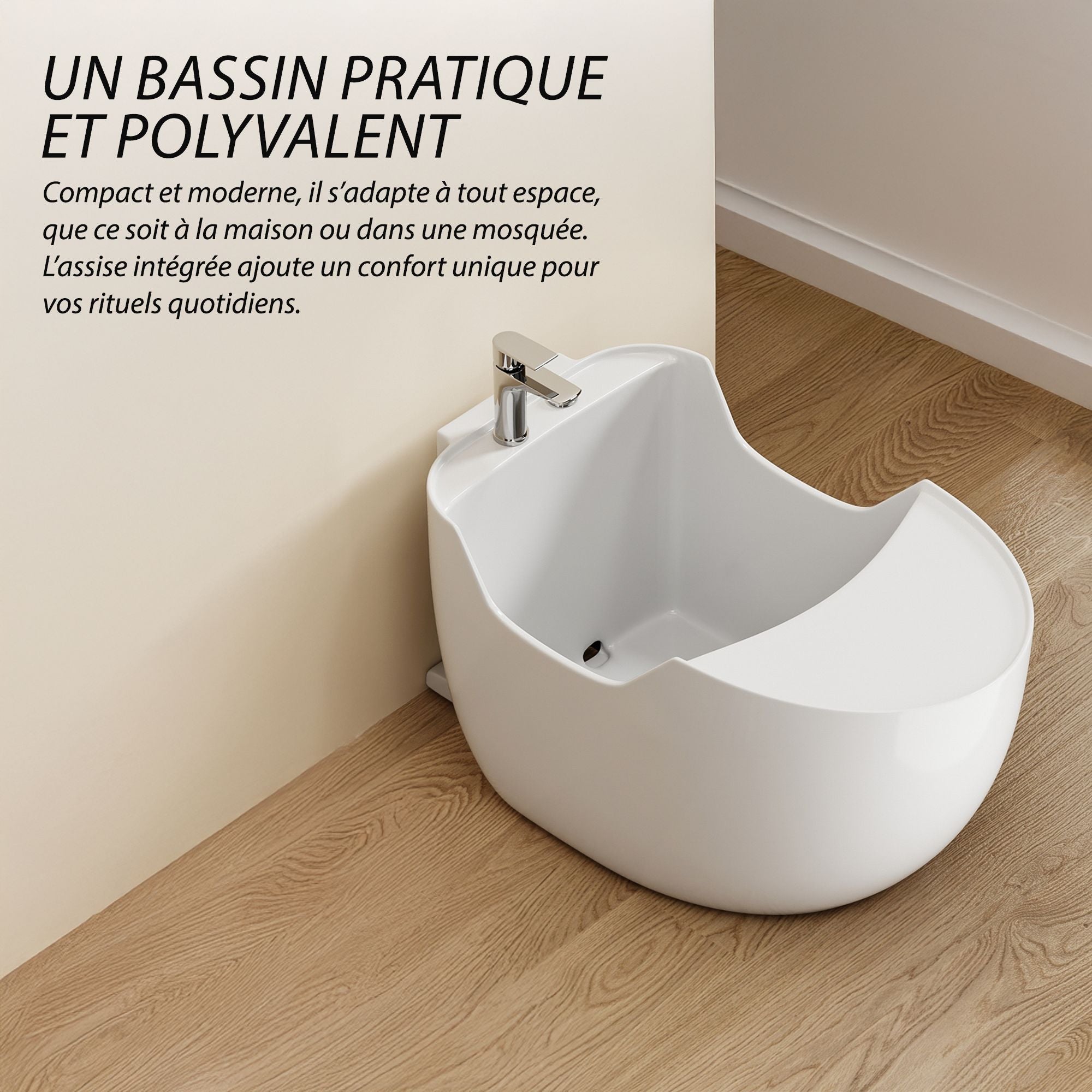 Bassin d'ablutions Médine avec assise : Compact et polyvalent, idéal pour les ablutions à la maison ou à la mosquée. Design moderne et hygiénique.