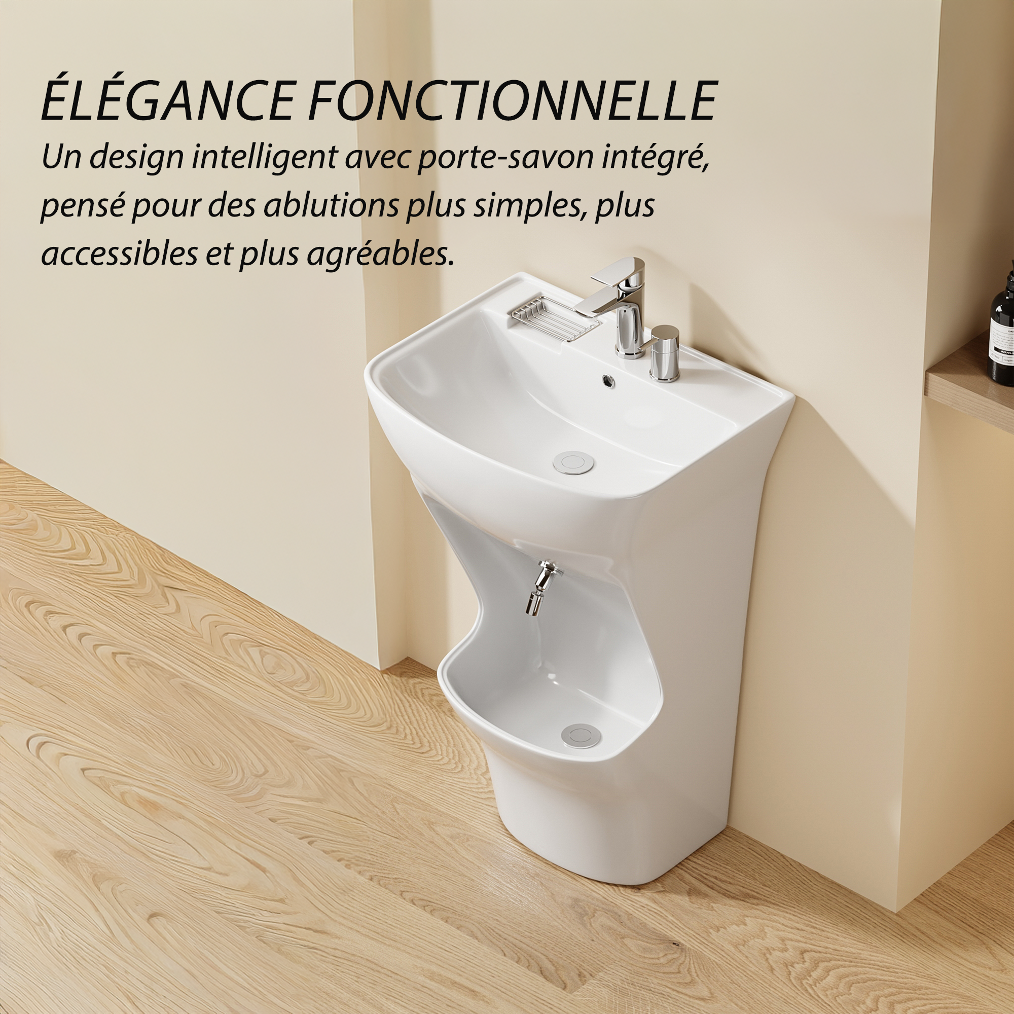 Lavabo d’ablutions Beyrouth blanc, design arrondi avec porte-savon intégré.