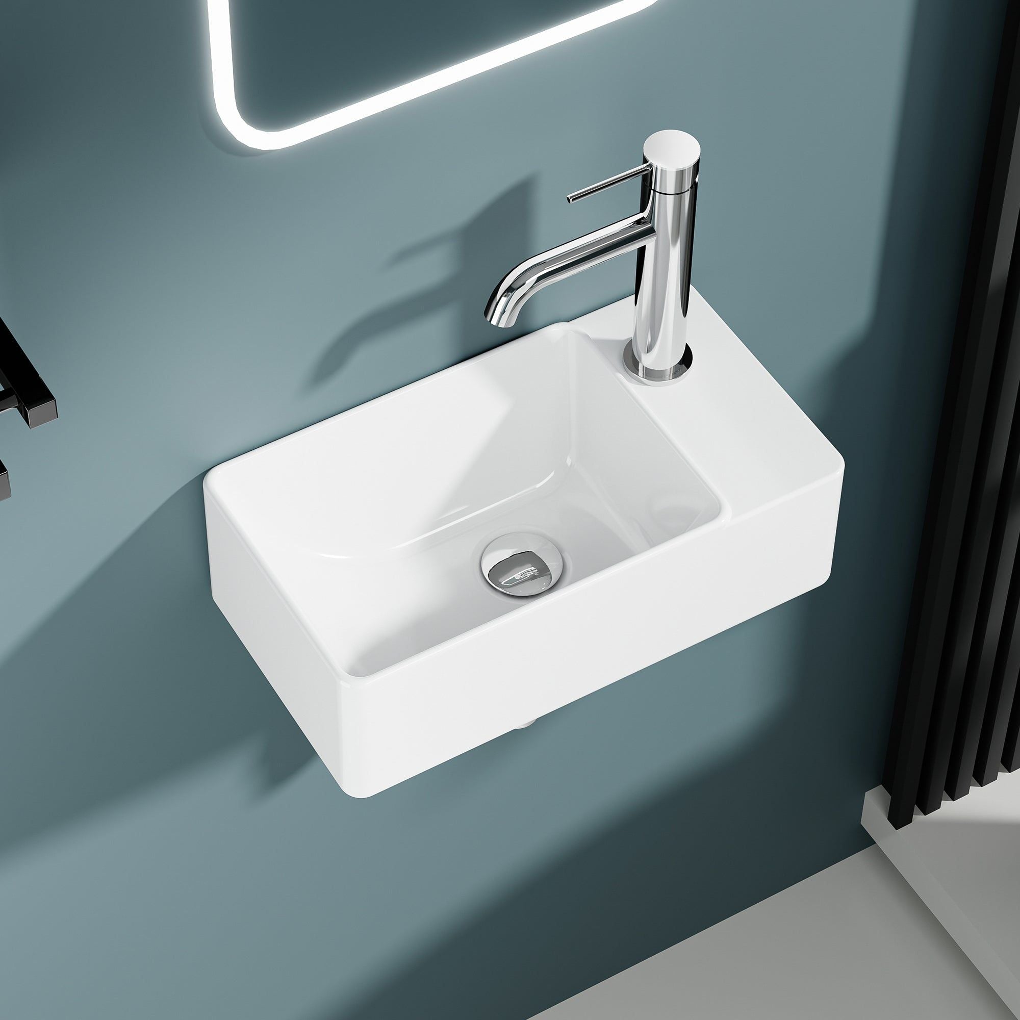 Vasque lave-mains rectangulaire blanc, petit format, sortie droite, 40x22cm.