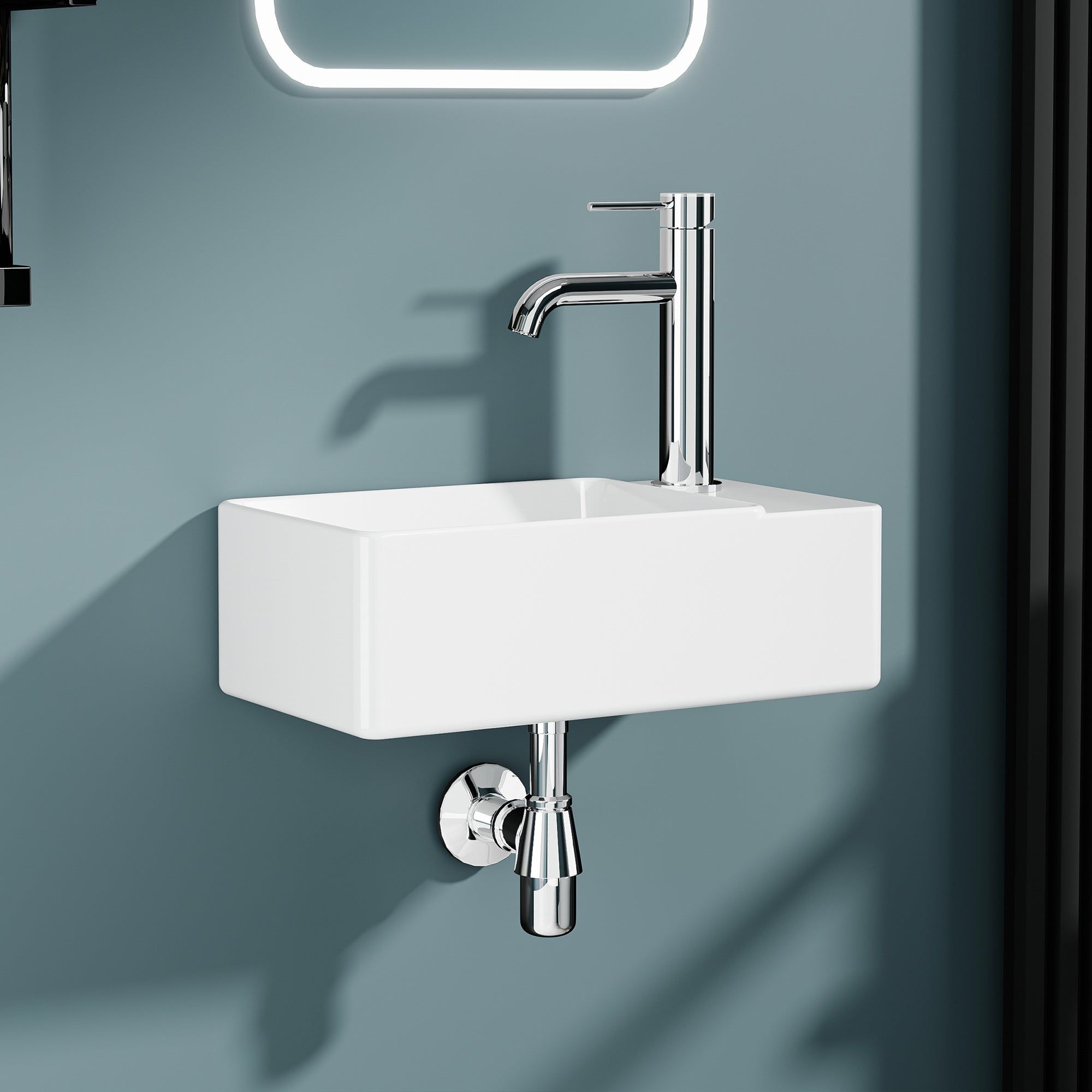 Vasque lave-mains rectangulaire blanc, petit format, sortie droite, 40x22x13 cm.