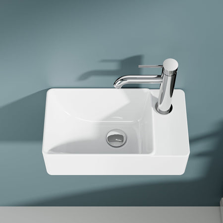 Vasque lave-mains rectangulaire blanc 40x22cm avec robinetterie chromée, sortie droite.