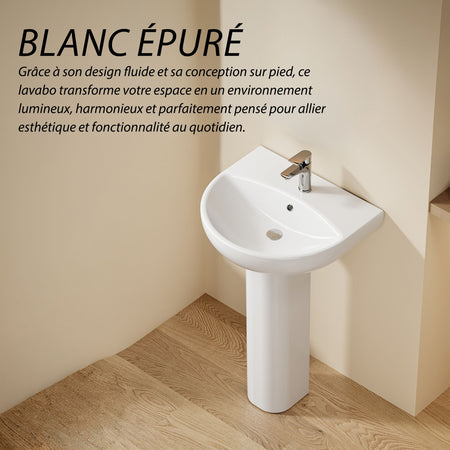 Lavabo sur pied colonne en céramique blanche – Design arrondi moderne, idéal pour salle de bain