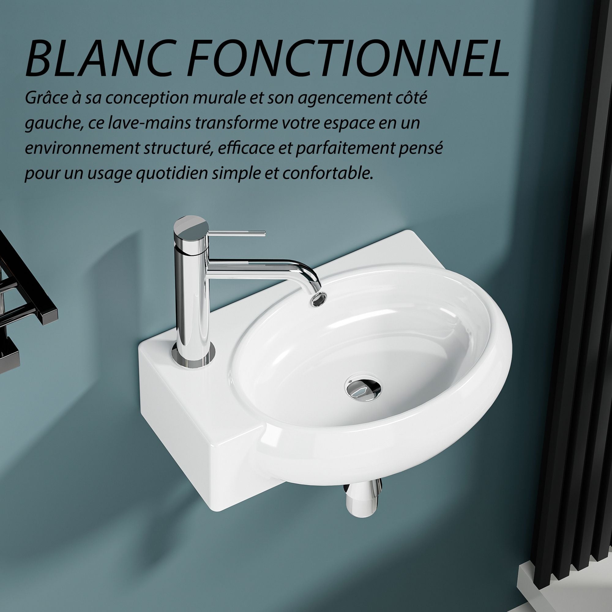 Vasque lave-mains blanc sortie gauche, design mural compact pour petit espace.
