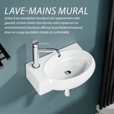 Vasque lave-mains blanc sortie gauche avec cuve murale, design moderne et compact pour salle de bain.