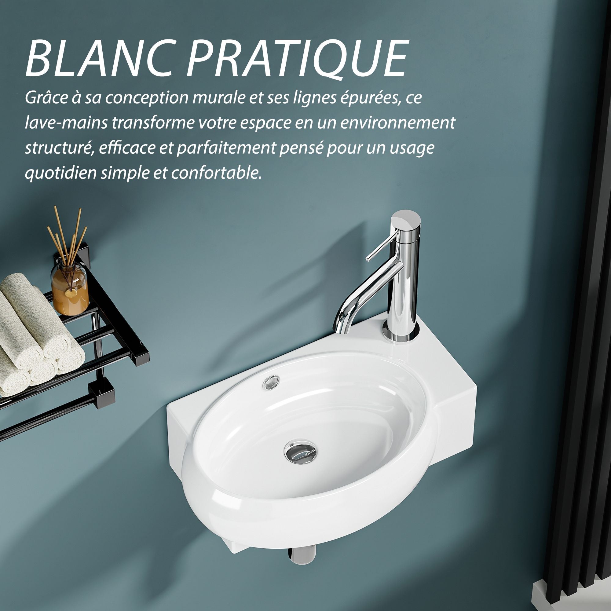 Vasque lave-mains blanc sortie droite murale 43x29x15 cm, design épuré et pratique
