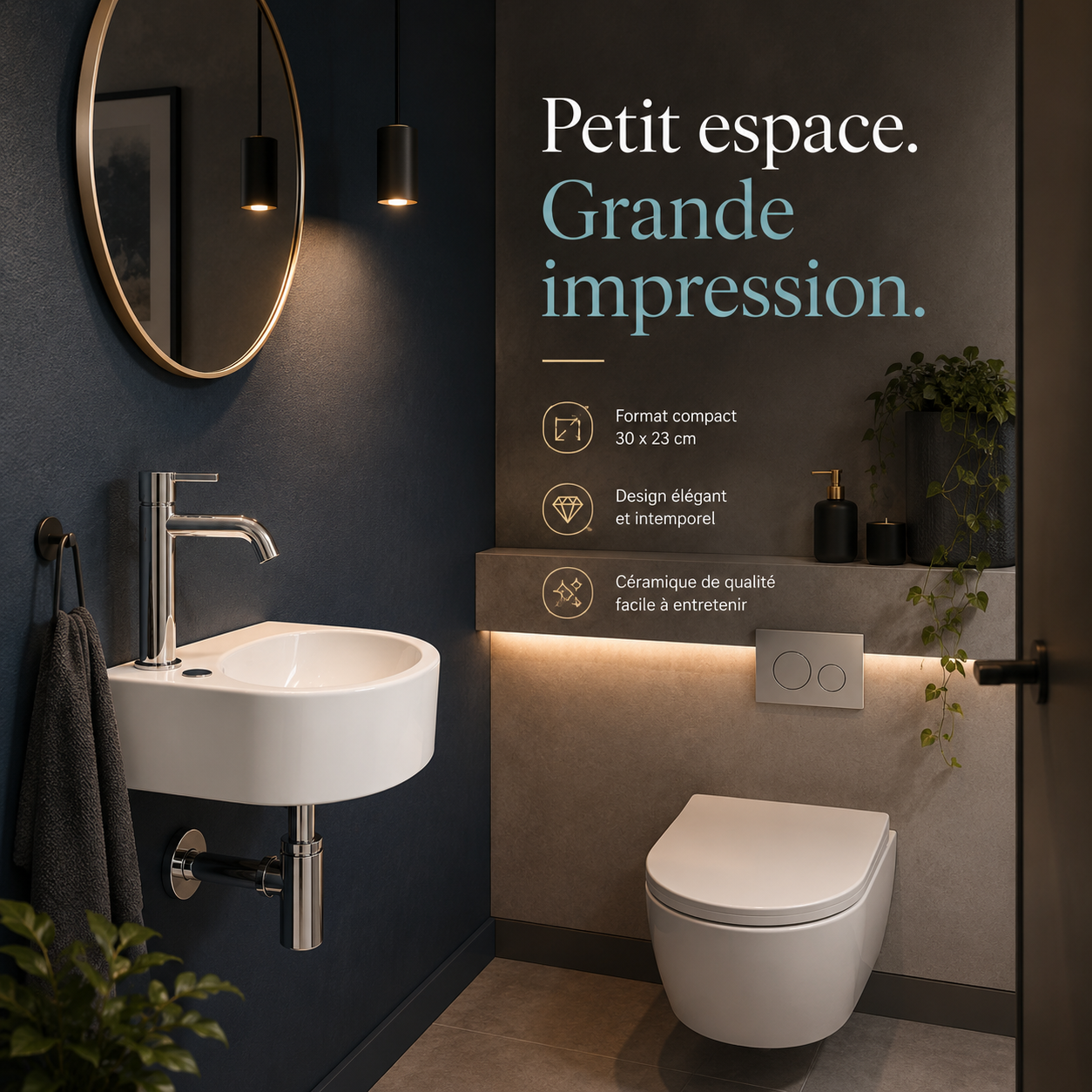 Vasque lave-mains LINO blanche murale petite taille (30x23cm) dans une salle de bain moderne avec WC.