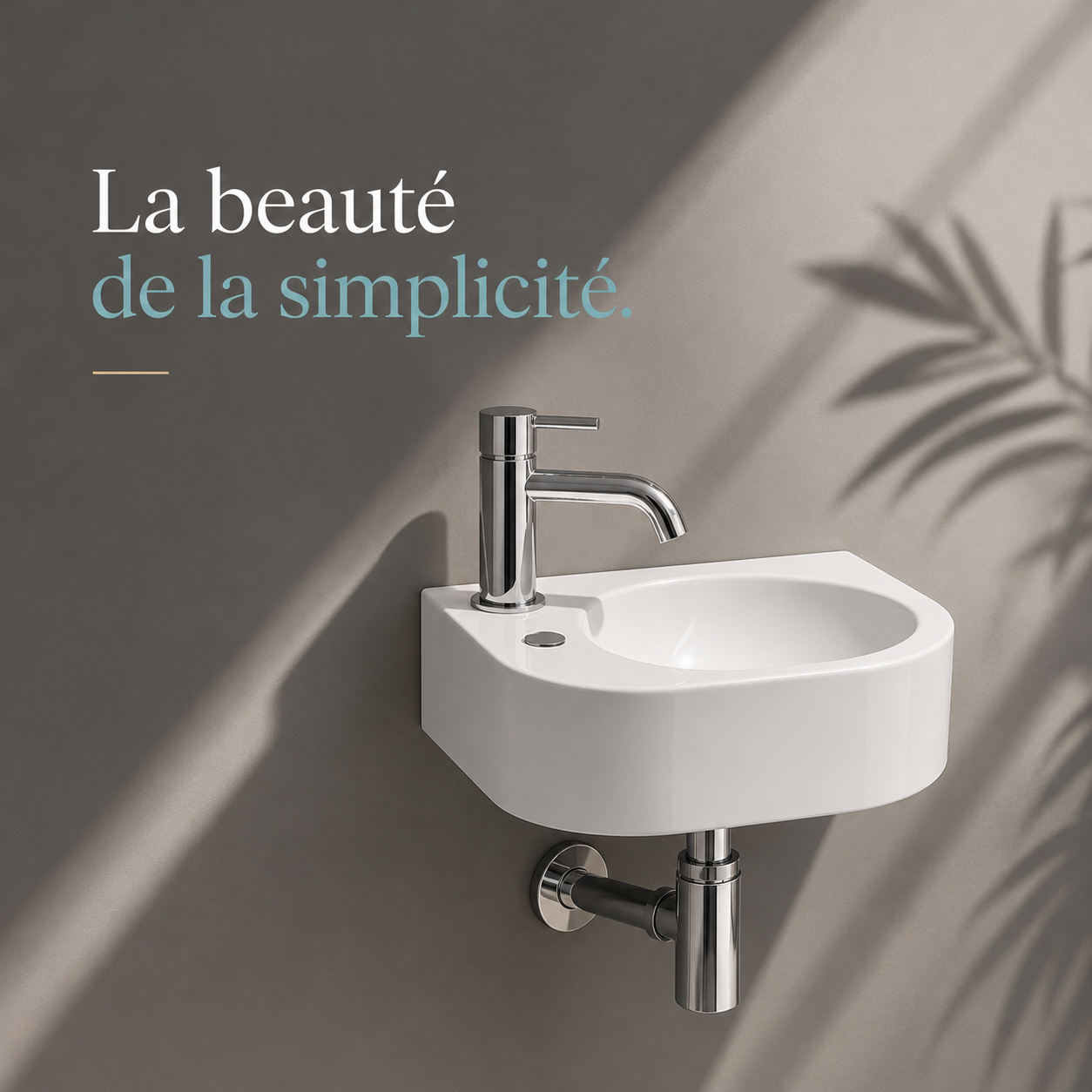 Vasque lave-mains murale blanche en céramique, petit format, sortie gauche, avec robinetterie chromée.