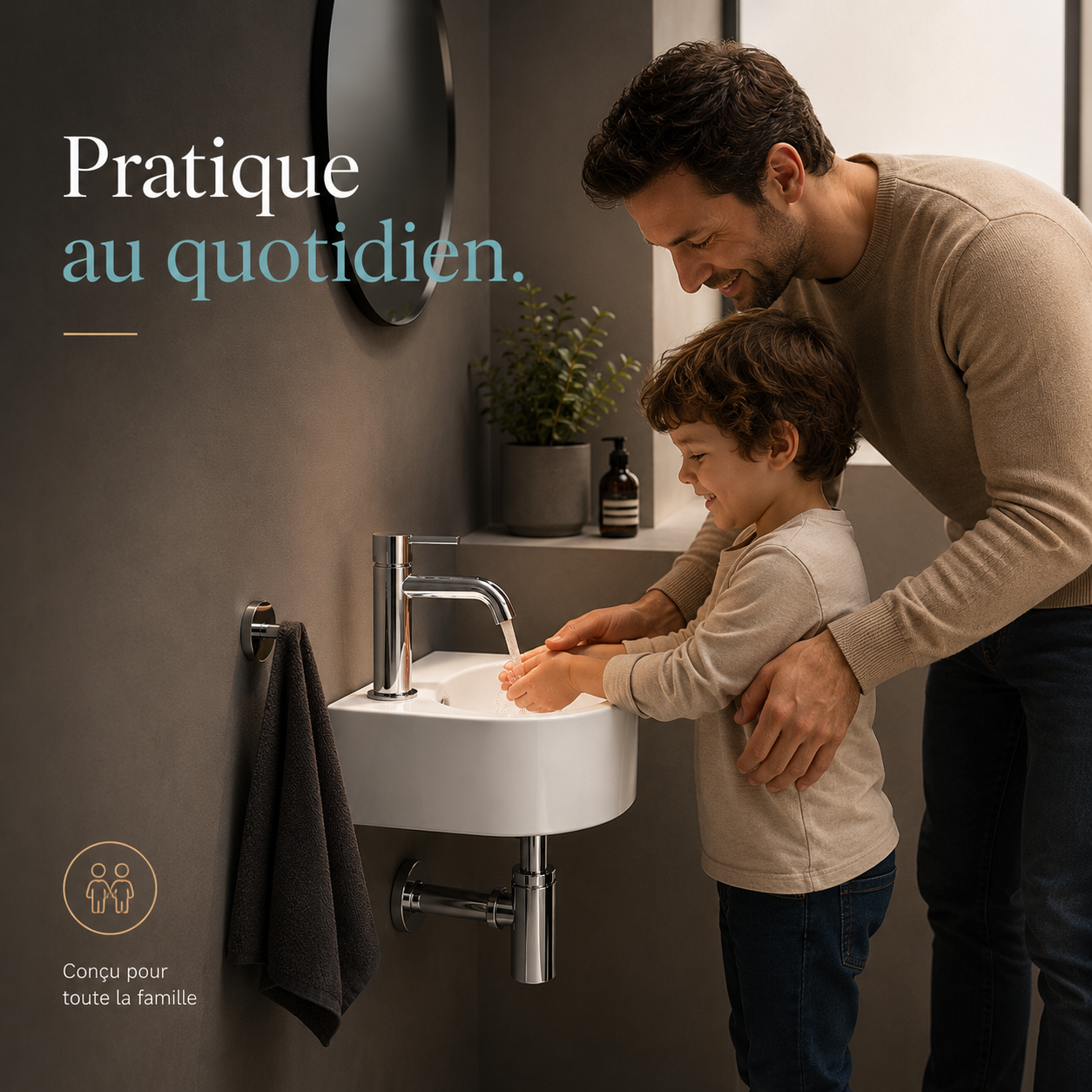 Père et fils se lavant les mains dans une petite vasque lave-mains murale en céramique blanche.