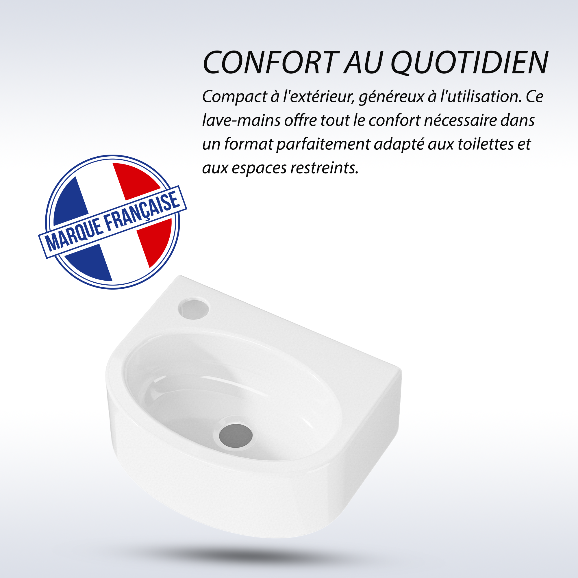 Vasque lave-mains murale LINO en céramique blanc, petit format compact avec label Marque Française.