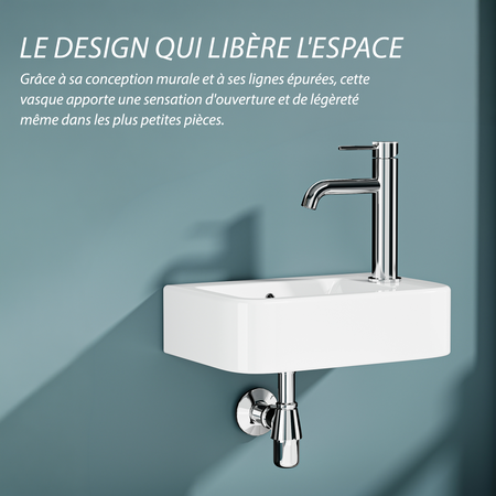 Vasque lave-mains murale compacte BRUNO en céramique blanche, sortie gauche, 37x24,5cm.