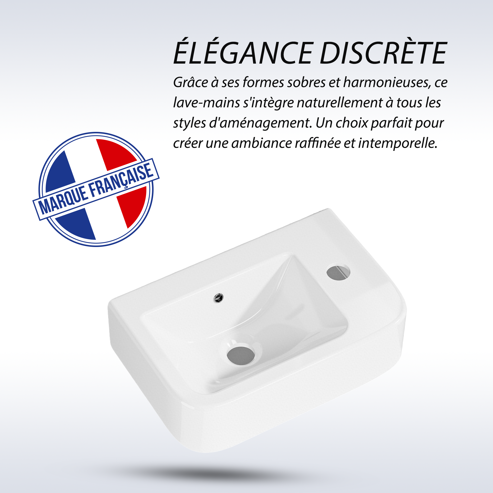 Vasque lave-mains murale compacte en céramique blanche, 37x24,5cm, sortie gauche.