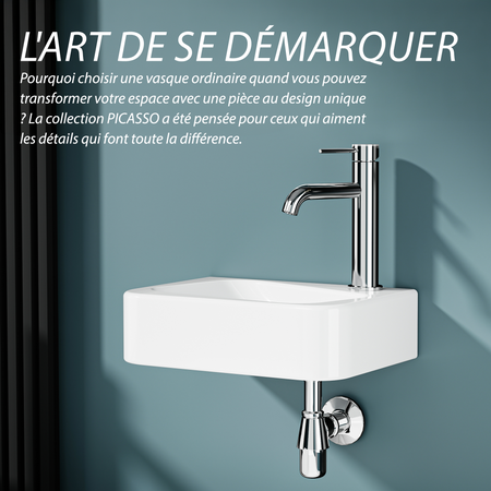 Vasque lave-mains murale asymétrique sortie droite en céramique blanche (36*25,5cm) – PICASSO