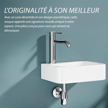 Vasque lave-mains murale asymétrique sortie gauche en céramique blanche (36*25,5cm) – PICASSO