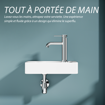 Vasque lave-mains murale sortie droite avec porte-serviette intégré en céramique blanche (39,5*22cm) – PORTO