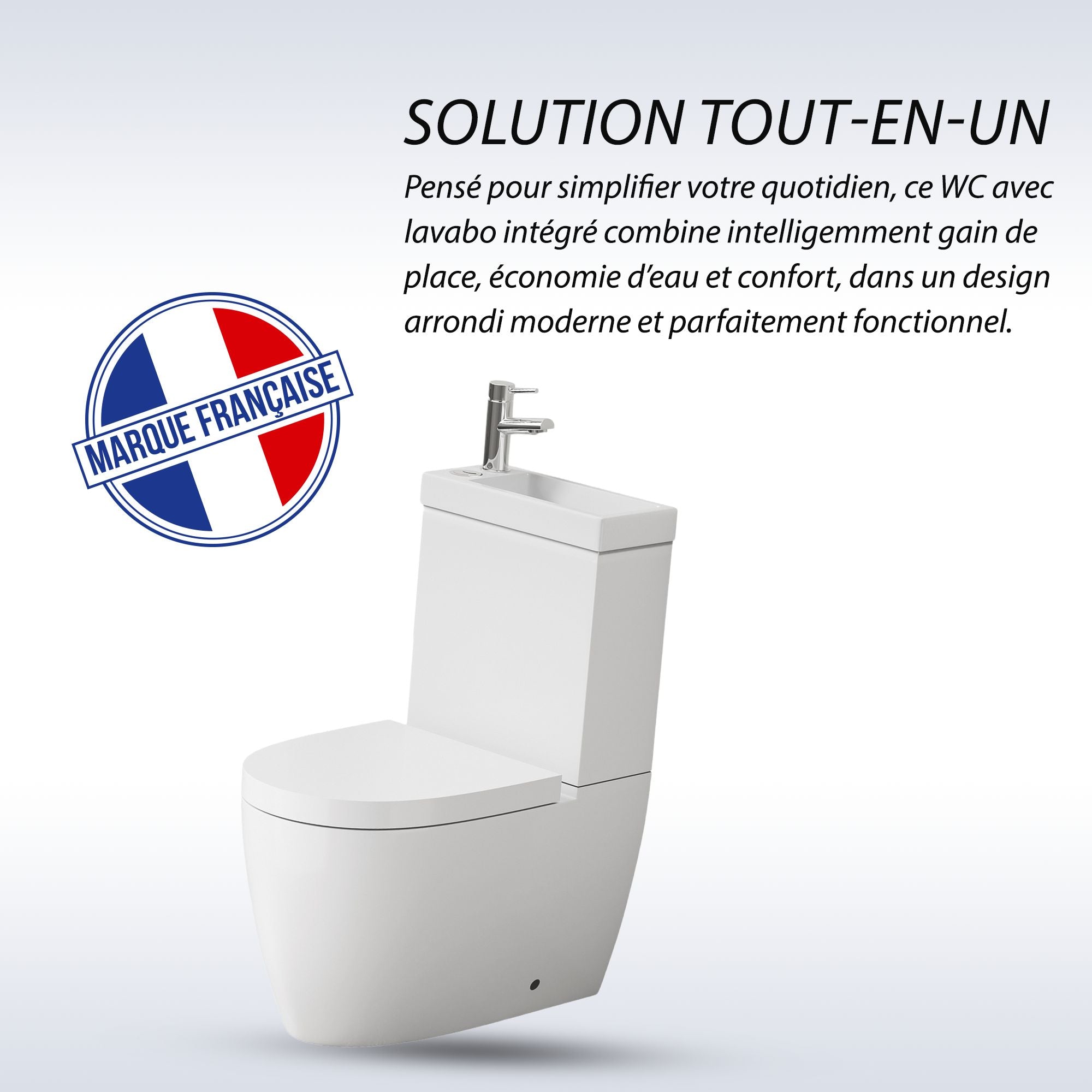 WC à poser avec lave-mains intégré 2-en-1 sans bride sortie horizontale - Design arrondie blanc