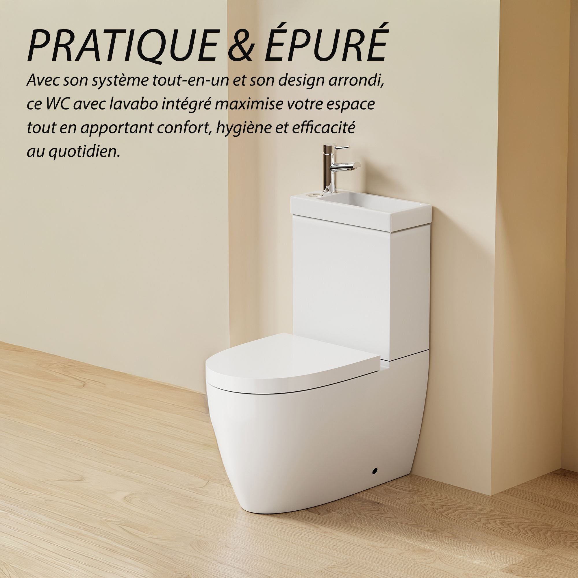 WC à poser avec lave-mains intégré 2-en-1 sans bride sortie horizontale - Design arrondie blanc