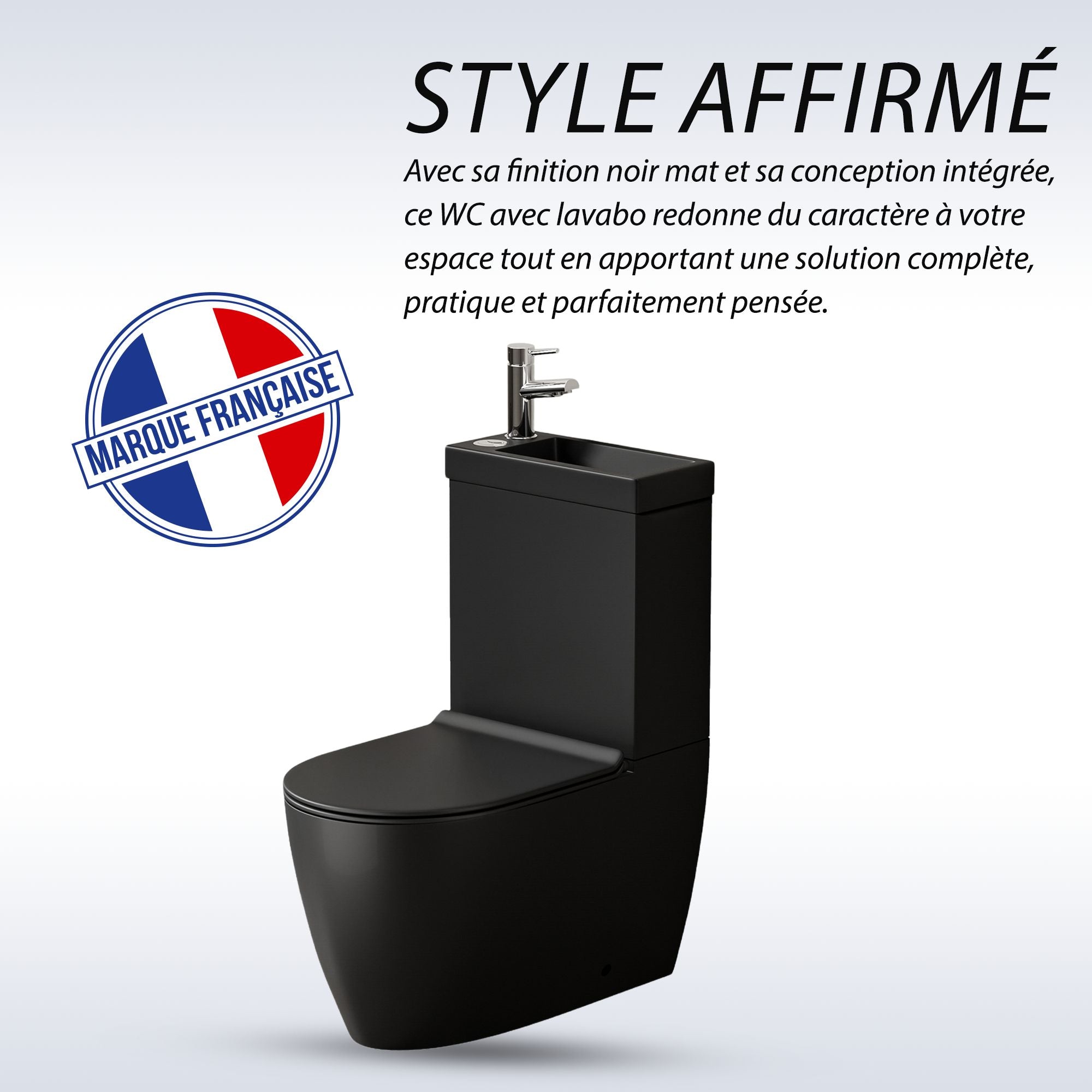 WC à poser noir mat avec lave-mains intégré, finition design arrondi, marque française