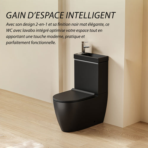 WC à poser avec lave-mains intégré 2-en-1 sans bride sortie horizontale - Design arrondie noir