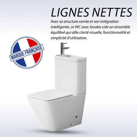 WC à poser avec lave-mains intégré 2-en-1 sans bride sortie horizontale - Design carré blanc