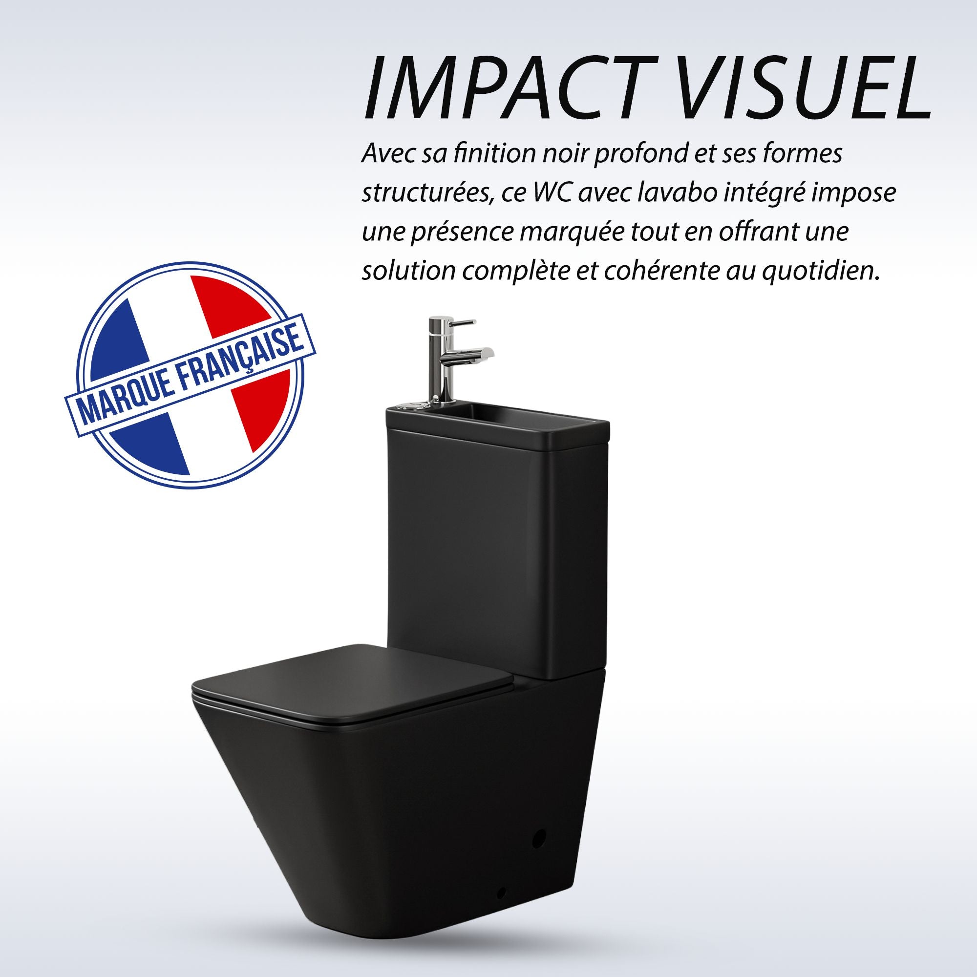WC noir design carré avec lave-mains intégré, finition mate, marque française