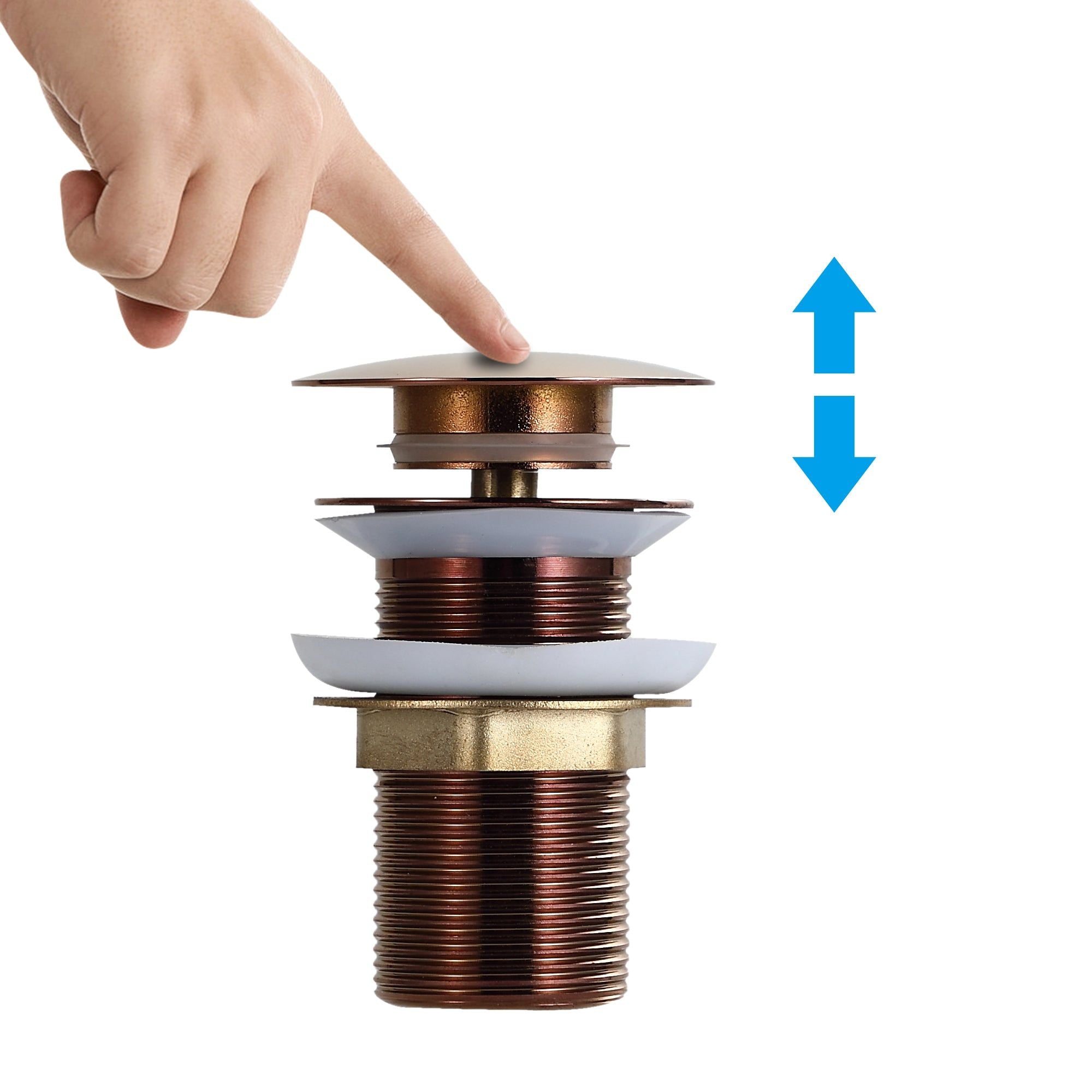 Bonde clic-clac cuivre/laiton: Push-button drain, copper/brass finish, easy installation.