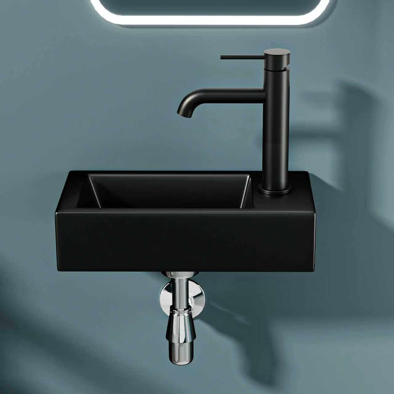 Vasque lave-mains sortie droite noire mate (36,5x18x9cm)