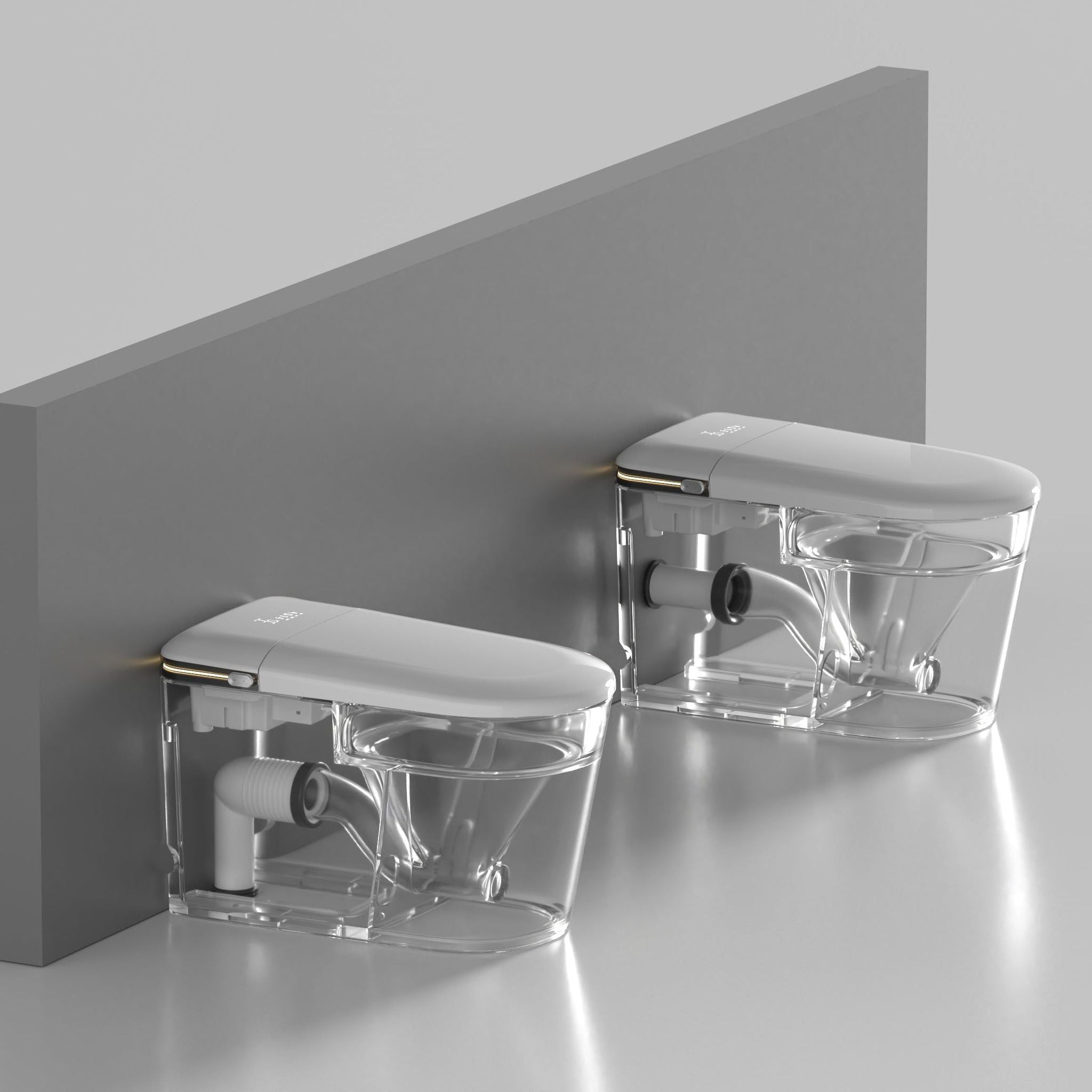 WC japonais intelligent en plastique transparent avec siège et réservoir intégrés.