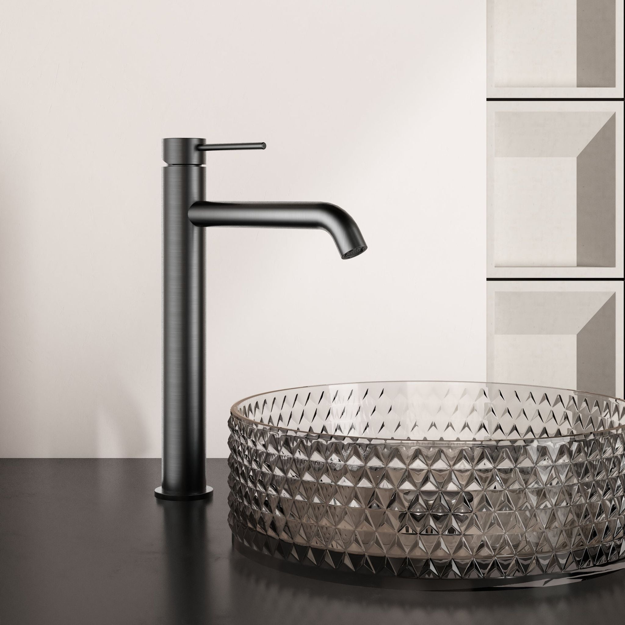 Robinet à bec haut 30 cm – Finition gris métallisé, élégant et moderne pour salle de bain