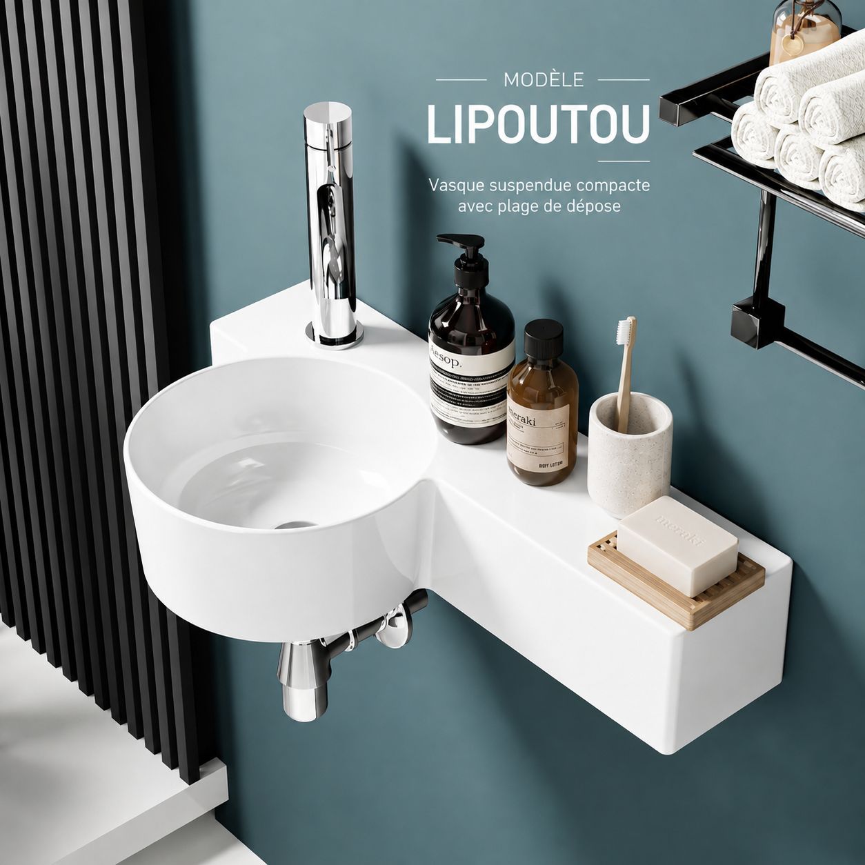Lave-mains mural LIPOUTOU compact en céramique blanche, sortie gauche, avec porte-savon.