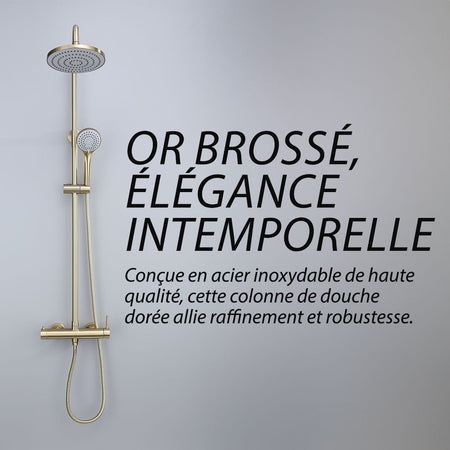 Colonne de douche or brossé : Design moderne et minimaliste. Dotée d'une vanne thermostatique et d'un pommeau de douche.