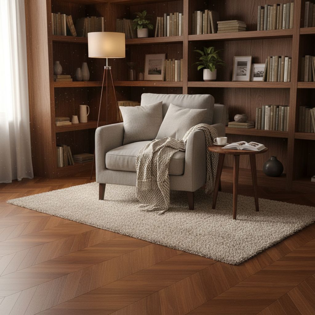 Parquet contrecollé chêne français, Point de Hongrie / Chevron 510×83×15 mm – Teinte foncée Élégante, idéal pour une ambiance chaleureuse