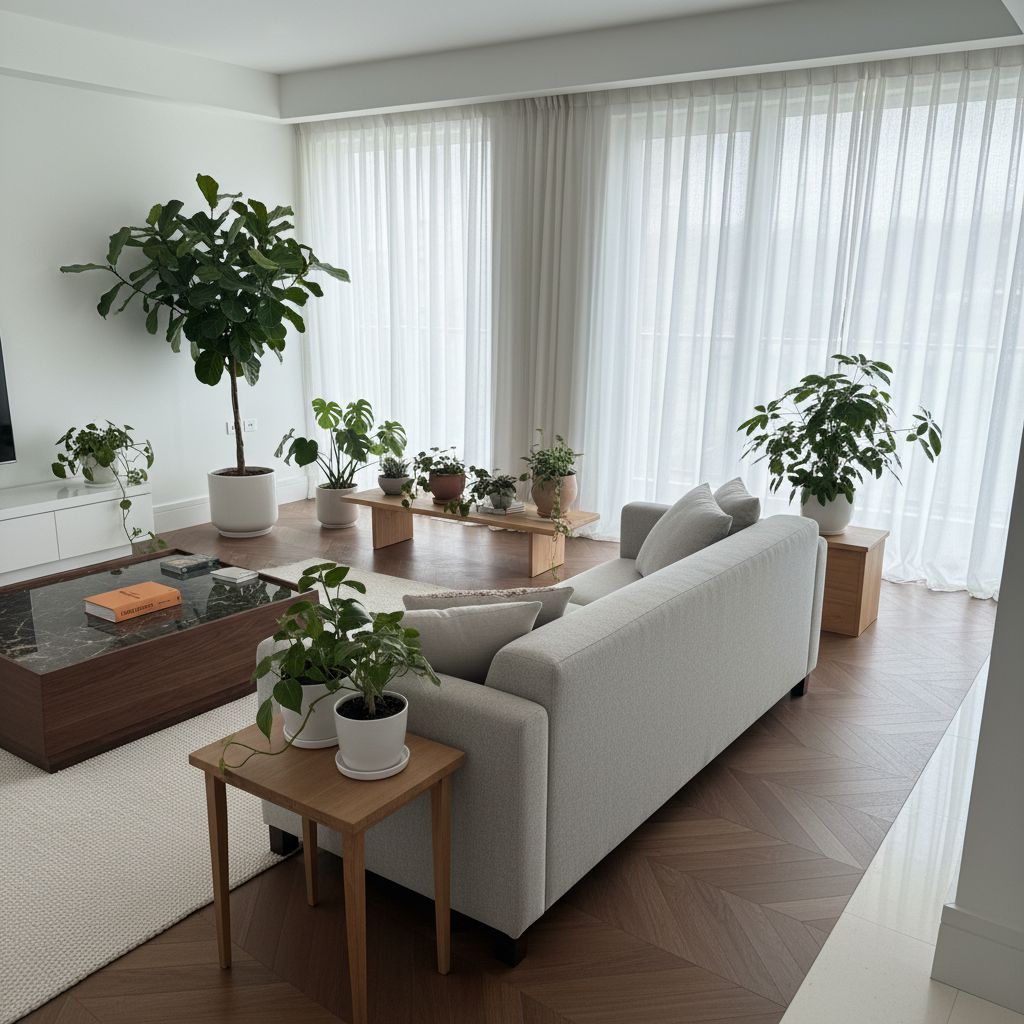 Salon avec parquet massif chêne français Pointe de Hongrie teinte foncée élégante, canapé, plantes et grandes fenêtres.