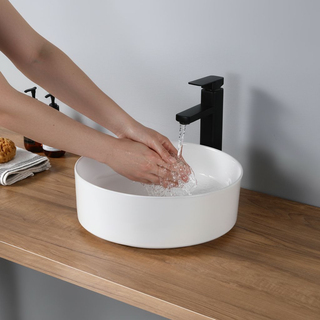 Vasque à poser ronde en céramique blanche, design moderne et épuré