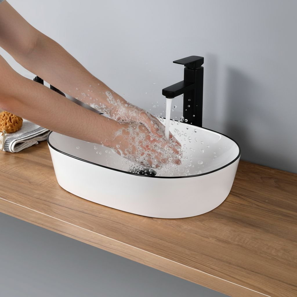 Vasque à poser ovale blanche avec liseré noir, design moderne