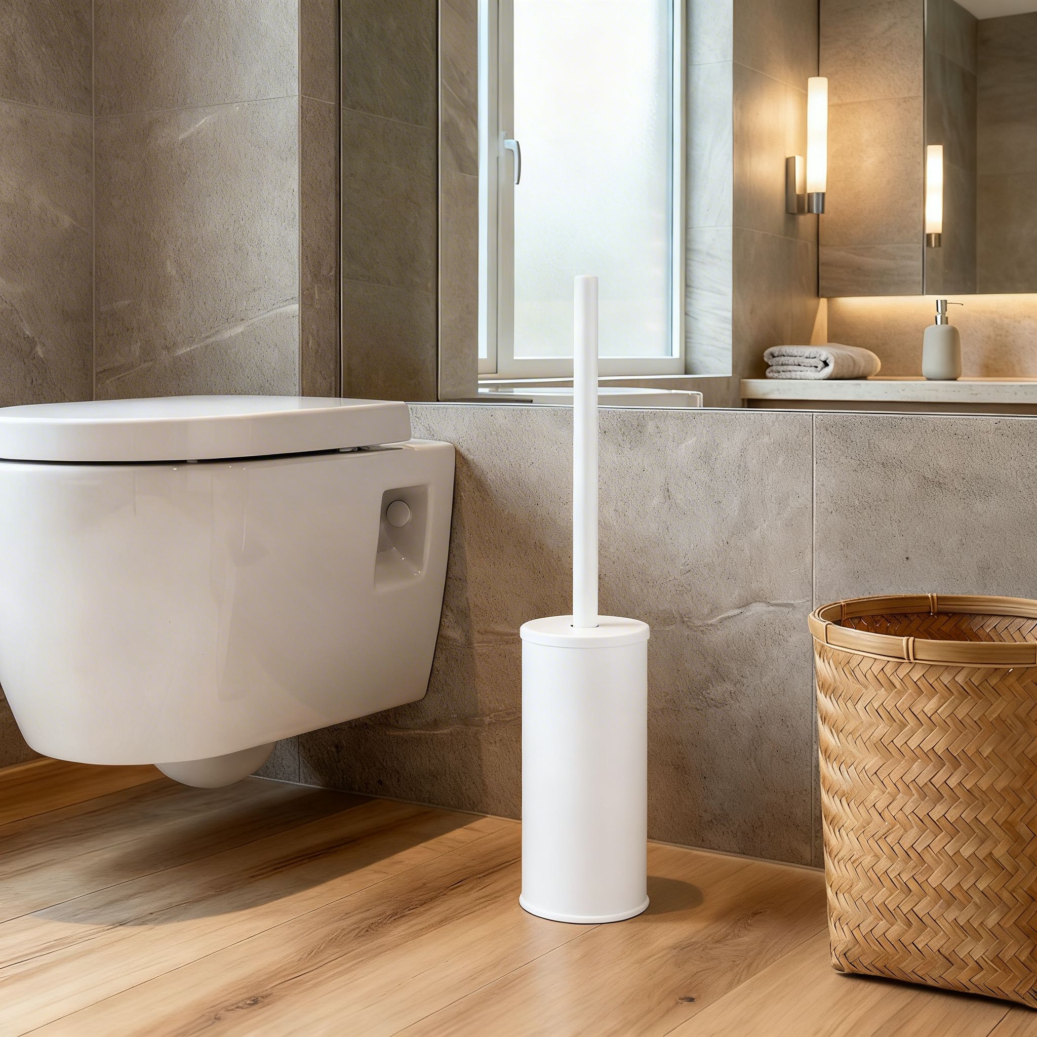 Brosse WC ronde en acier inoxydable blanc, design moderne avec couvercle