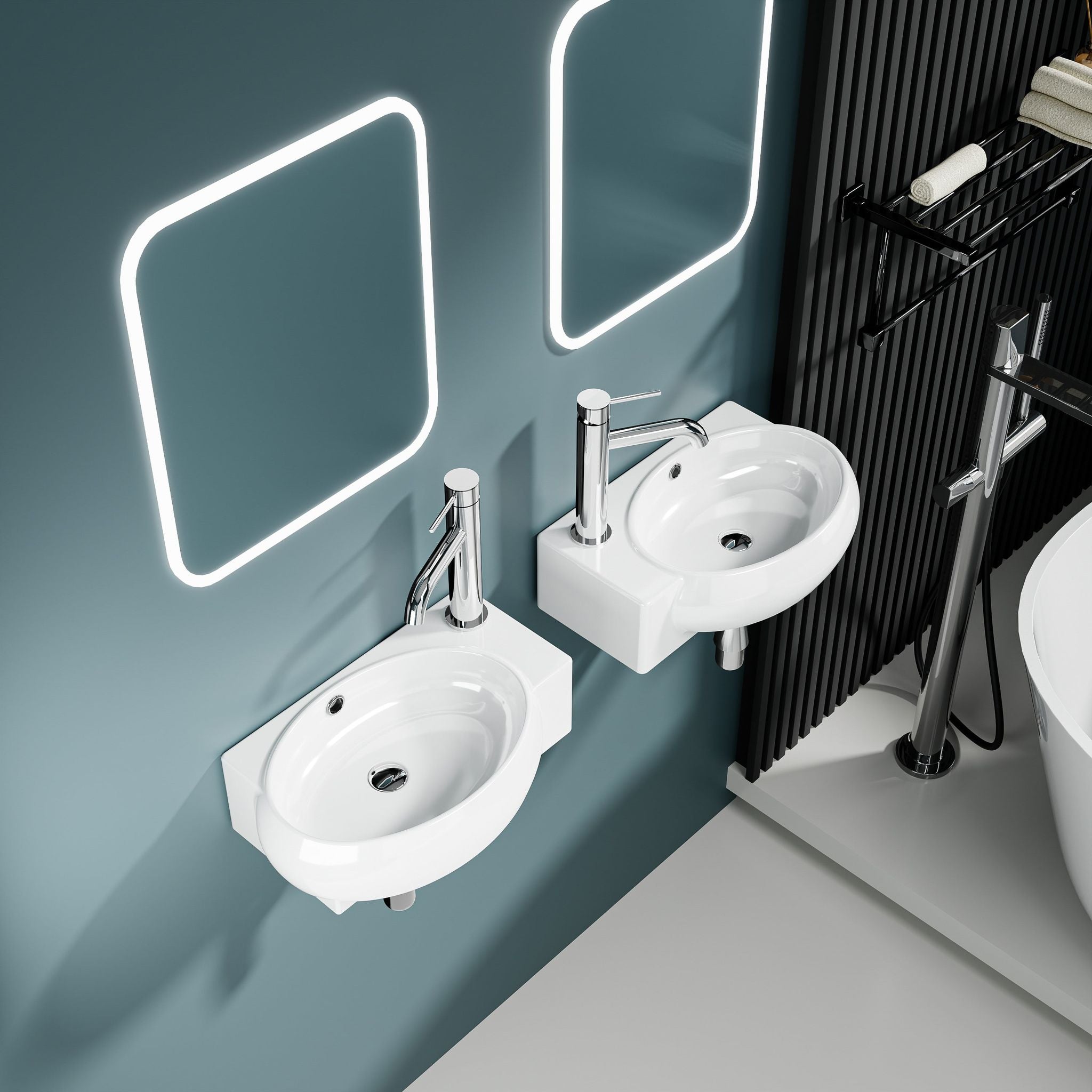 Vasque lave-mains blanc moderne avec cuve murale, sortie droite