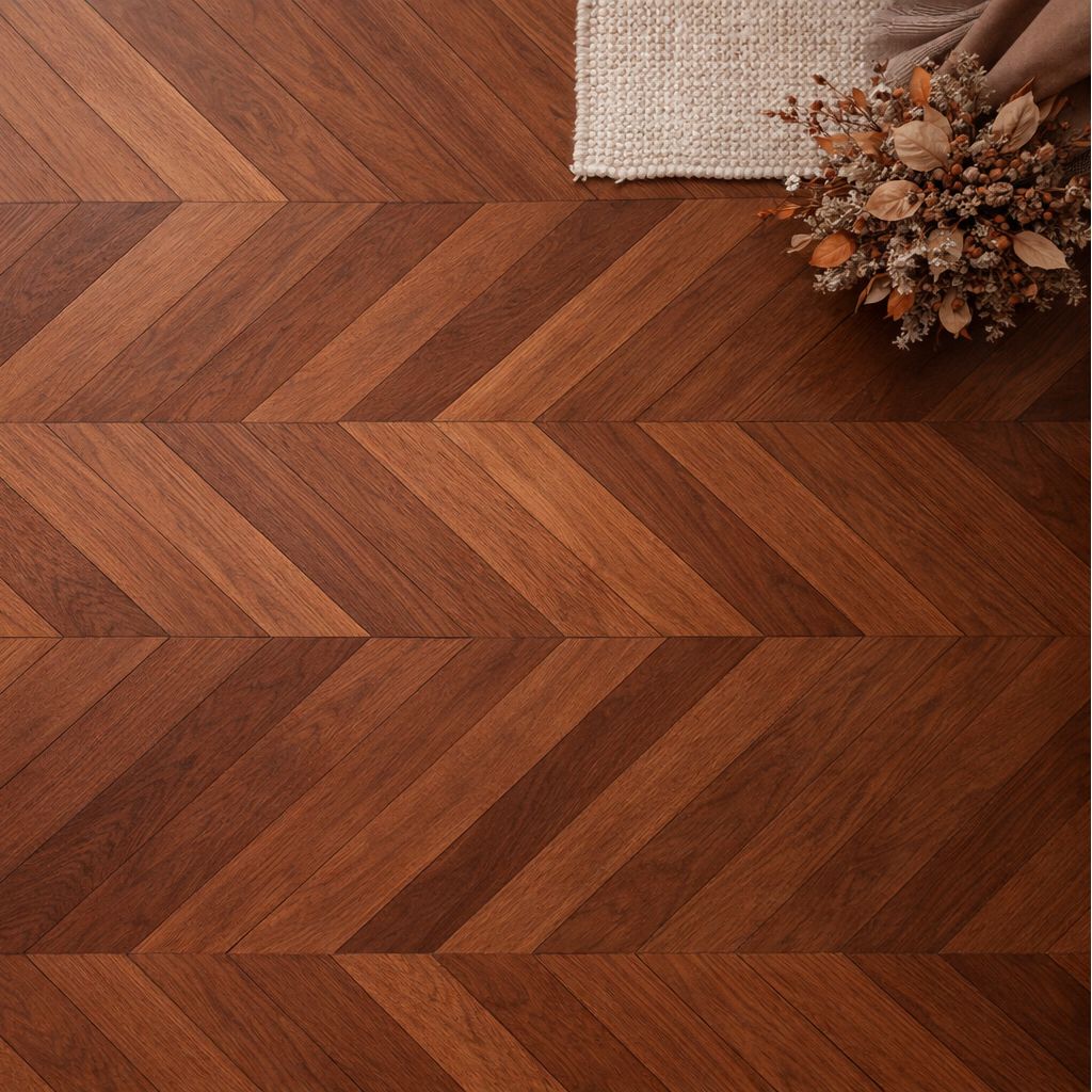Parquet massif chêne français Pointe de Hongrie teinte foncée Élégante 600x120x15 mm, motif chevron