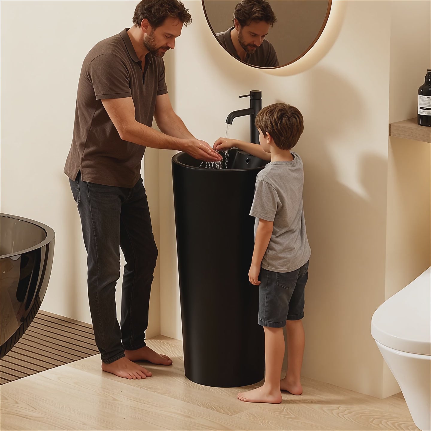 Lavabo Totem Design Rond et Épuré Noir Mat en Céramique